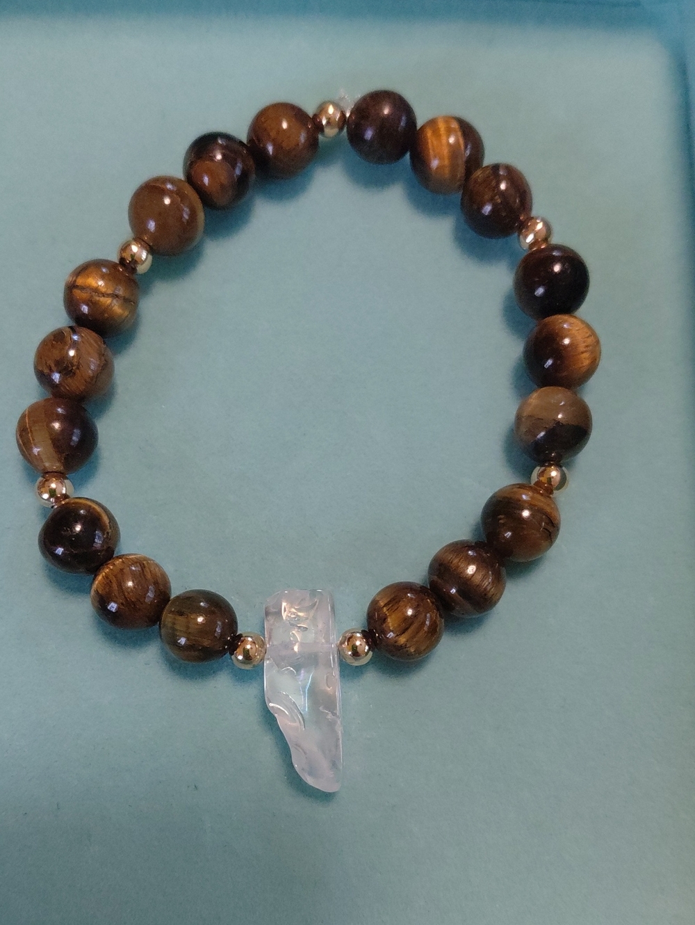 Tiger Eye Beaded Stretch Bracelet with Clear Aura Quartz